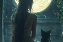 hình cô gái ngắm trăng cùng mèo nhỏ