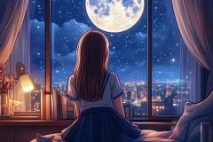 hình ảnh cô gái ngắm trăng trong phòng ngủ