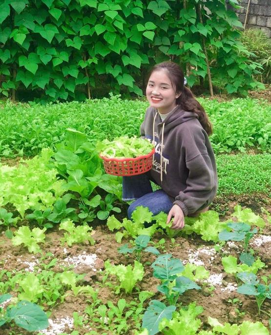 cô gái quê hái rau cười tươi