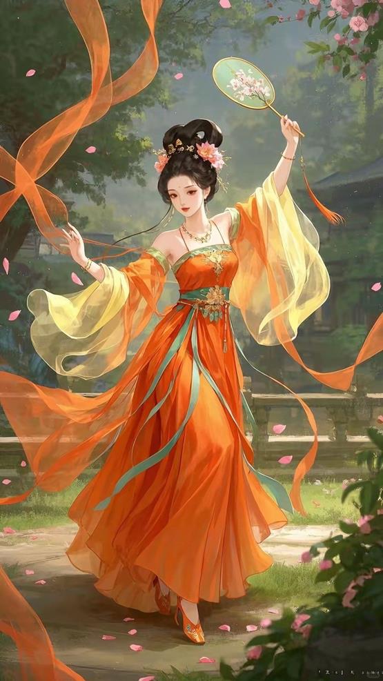 tranh cô gái cổ trang múa uyển chuyển