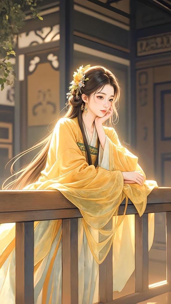tranh cô gái cổ trang suy tư trên lầu