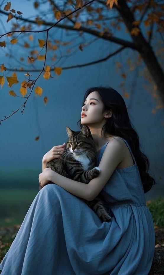 ảnh gái 3D buồn ngồi ôm mèo nhỏ