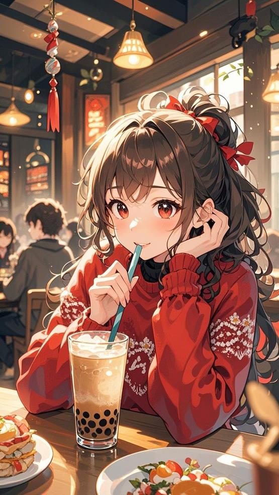 gái xinh uống trà sữa cute