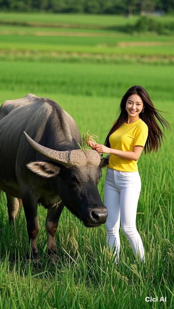 gái quê cười tươi cùng trâu 3D