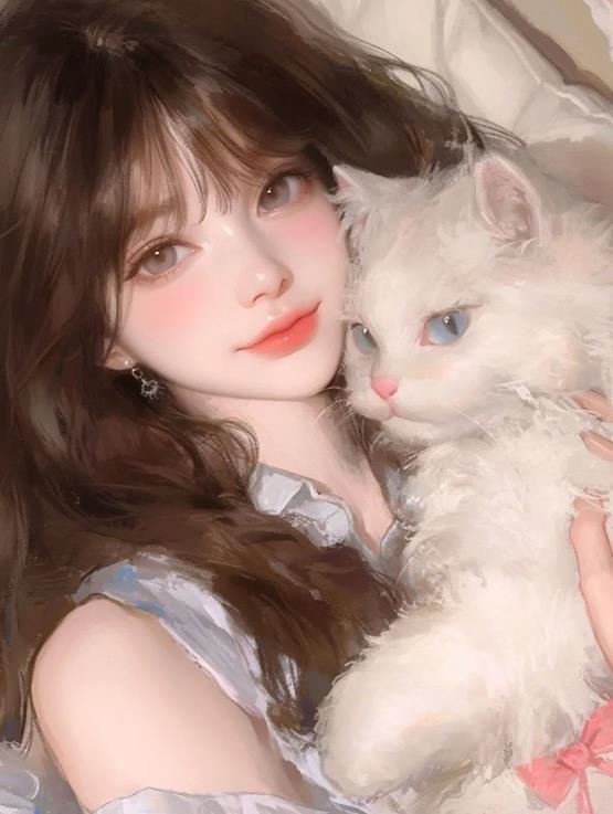 gái xinh 3D cùng mèo con lông trắng