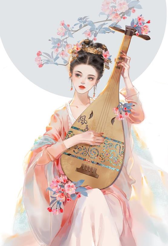 tranh cô gái cổ trang đàn 