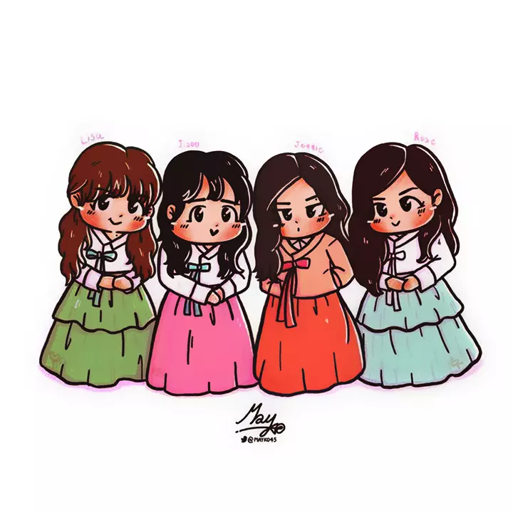 Ảnh BlackPink chibi cute trong trang phục truyền thống Hàn Quốc.