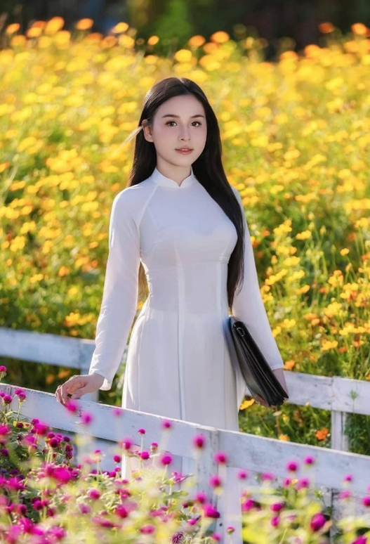ảnh gái xinh áo dài đi trong hoa vàng