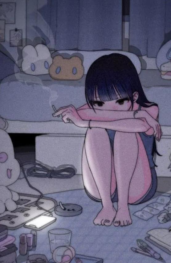Ảnh cô gái buồn hoạt hình hút thuốc