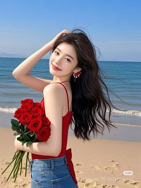 hình cô gái cầm hoa bên bãi biển