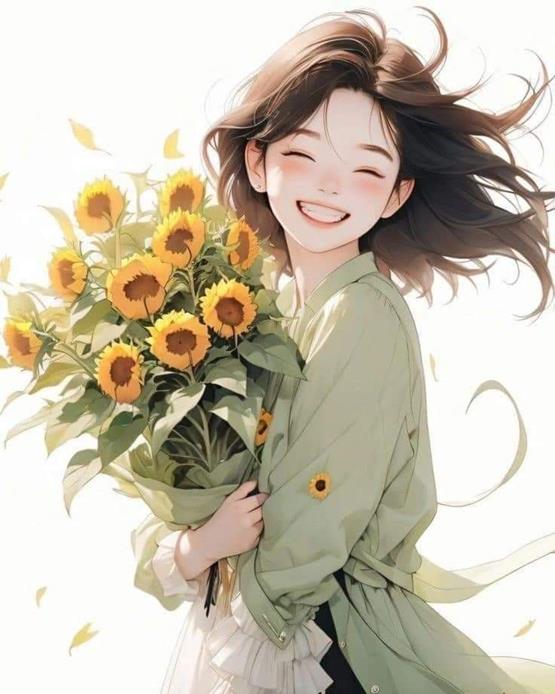 cô gái cầm hoa hướng dương anime cười rạng rỡ
