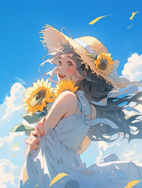 cô gái cầm hoa hướng dương anime tóc tung bay