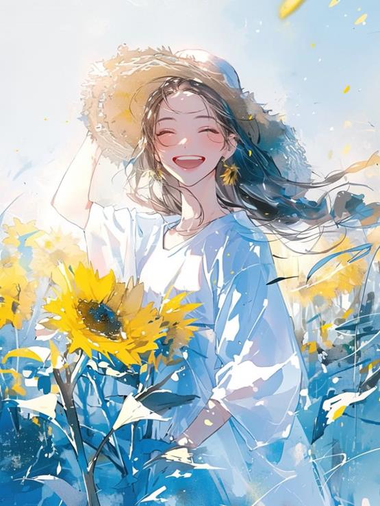 cô gái cầm hoa hướng dương anime đáng yêu