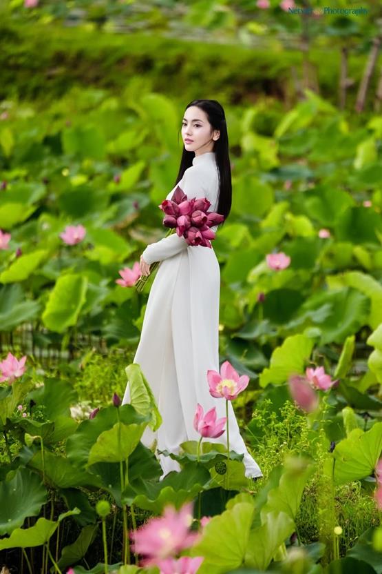 cô gái cầm hoa sen hồng dịu dàng