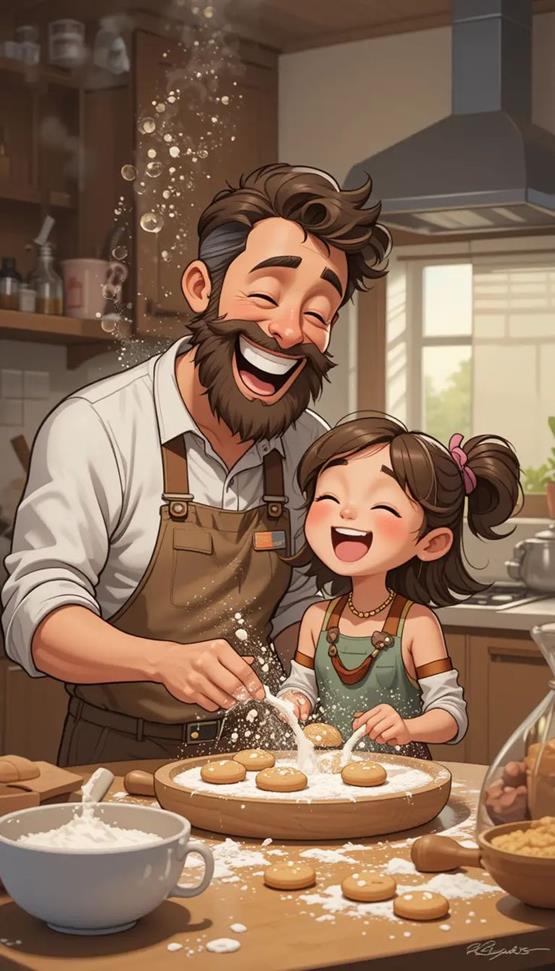 Ảnh cha và con gái hoạt hình cùng nhau nấu ăn