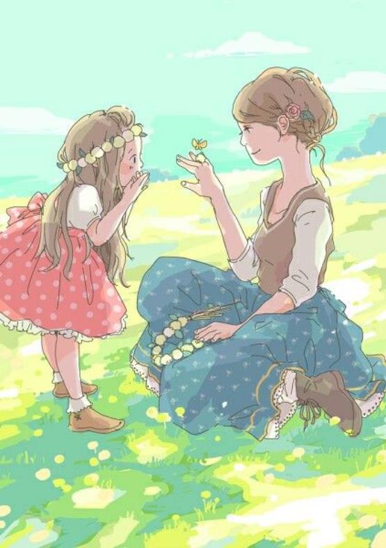 Ảnh hoạt hình mẹ và con gái trên cánh đồng cỏ