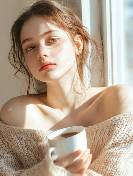 Gái Nga mặc áo trễ vai ngồi bên cửa sổ