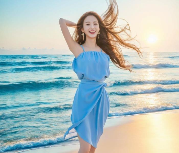 Hình gái xinh đứng ở biển rạng rỡ