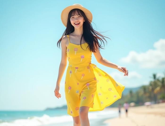 Hình gái xinh đứng ở biển cười