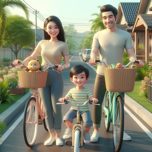 Gia đình 3 người hình 3D cute cùng nhau đi xe đạp