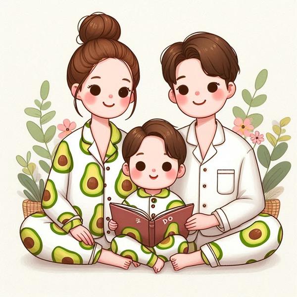 Hình gia đình 3 người chibi đọc sách cùng nhau