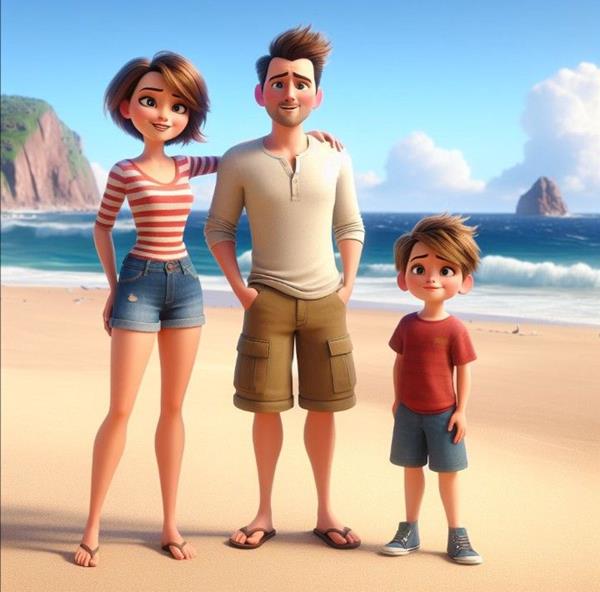 Hình 3D gia đình 3 người đi biển
