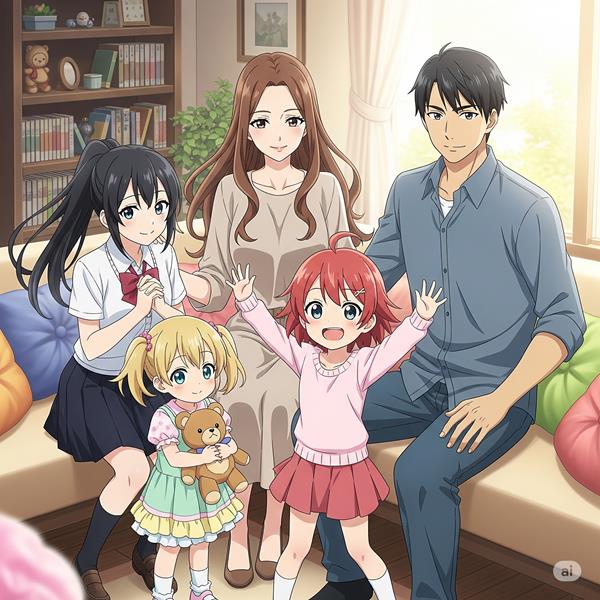 Hình anime gia đình 3 gái vui vẻ ấm cúng 