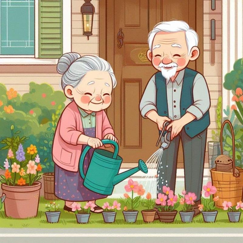 Hình vẽ vợ chồng già cùng làm vườn