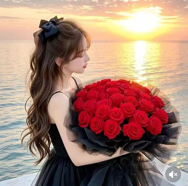 avt cô gái cầm hoa hồng
