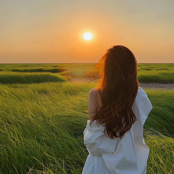 Ảnh avatar nữ quay lưng khi hoàng hôn trên đồng cỏ xanh