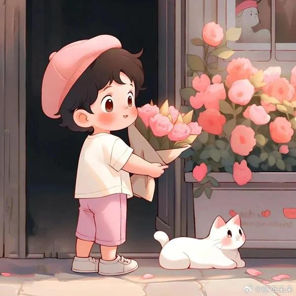 Chibi bé gái hoạt hình ôm bó hoa hồng