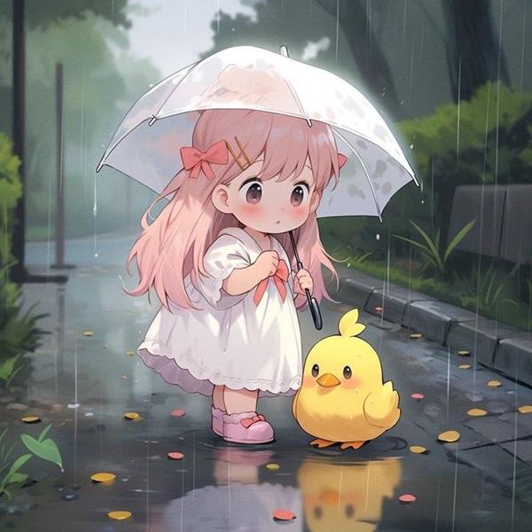 Anime em bé cute trời mưa