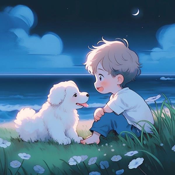 Anime em bé và cún con bên bờ biển