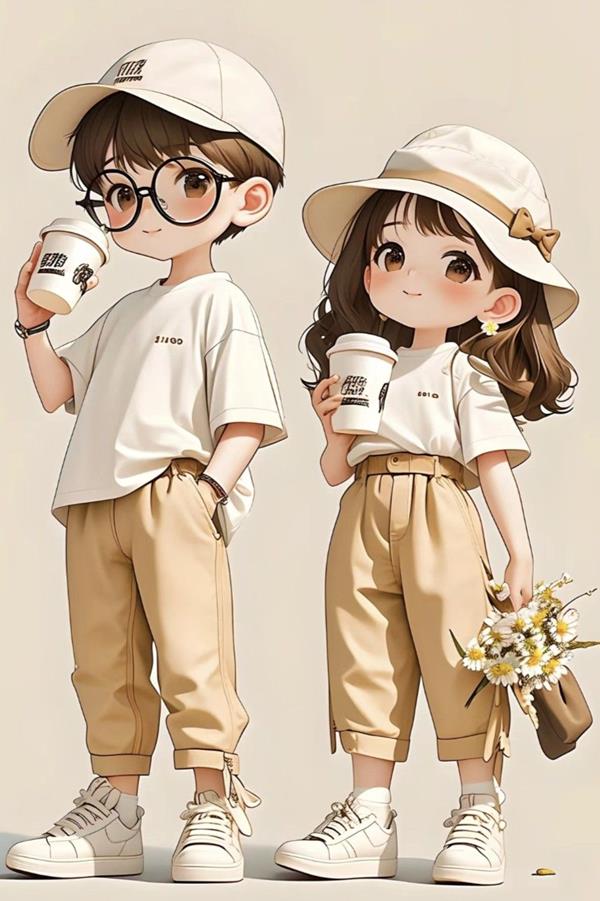 Hoạt hình ảnh em bé trai gái uống trà sữa