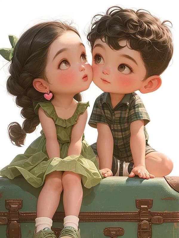 Hình ảnh bé trai bé gái hoạt hình kề má