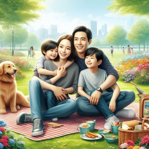 Ảnh 3D gia đình 4 người cùng chú chó dễ thương 