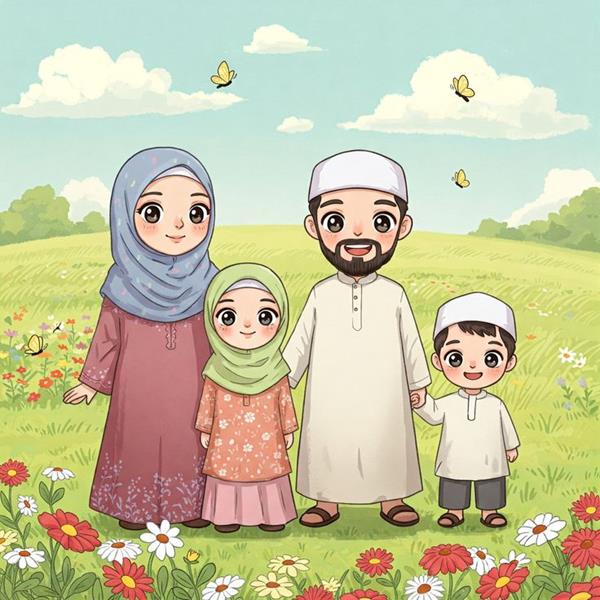 Ảnh chibi 4 người gia đình theo đạo hồi