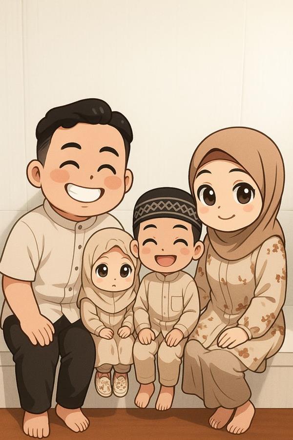Hình chibi 4 người gia đình cười tươi