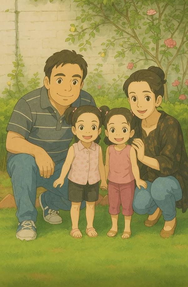 Gia đình 4 người ảnh anime cười hạnh phúc