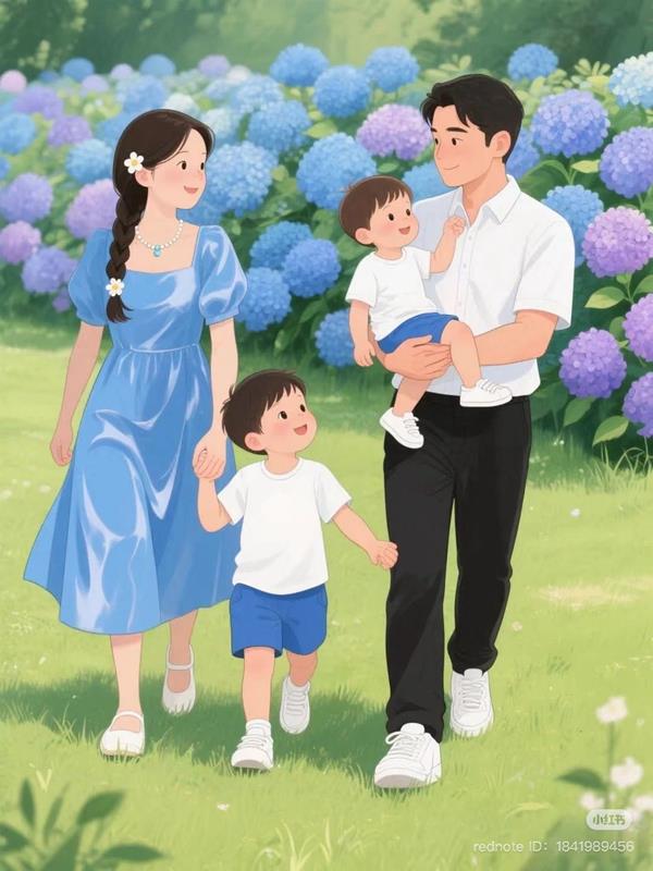 Ảnh gia đình 4 người anime đi dạo trong vườn hoa