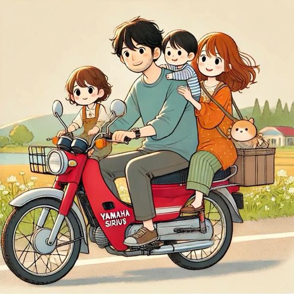 Ảnh gia đình hoạt hình 4 người đi xe máy