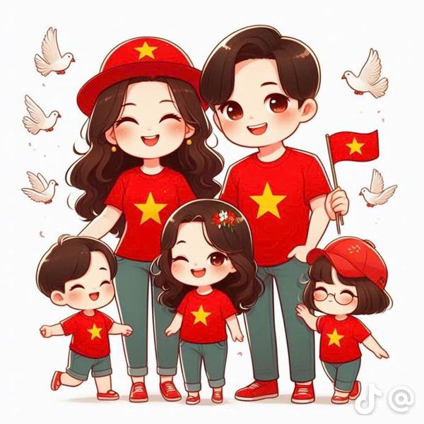 Hình ảnh gia đình 5 người chibi mặc áo lá cờ Việt Nam