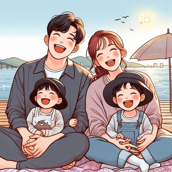 Ảnh gia đình hoạt hình 4 người 2 con gái