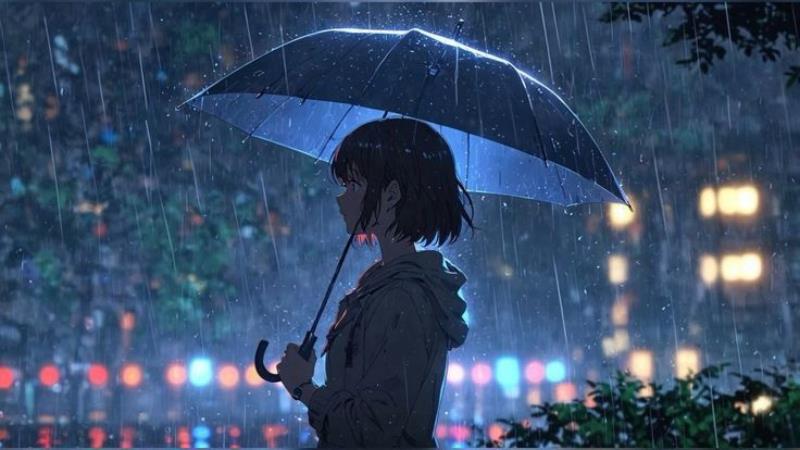 Hình nền cô đơn nữ che ô dưới mưa