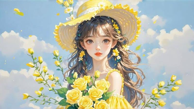 Hình nền máy tính gái xinh cầm hoa sắc vàng