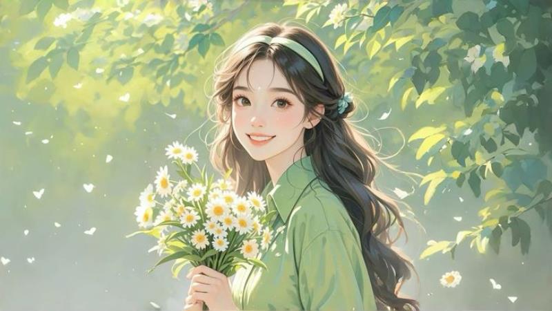 Hình nền máy tính gái xinh cầm hoa cười tươi