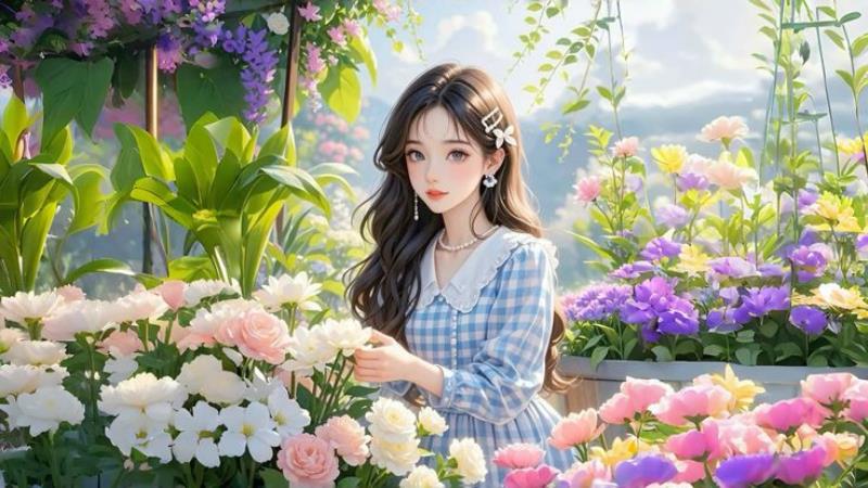 Hình nền máy tính gái xinh chăm sóc vườn hoa