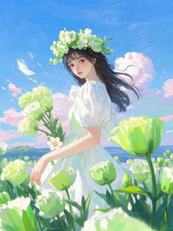 Tranh vẽ cô gái và hoa