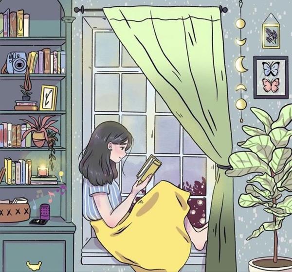 Tranh vẽ cô gái ngồi bên cửa sổ tóc ngắn