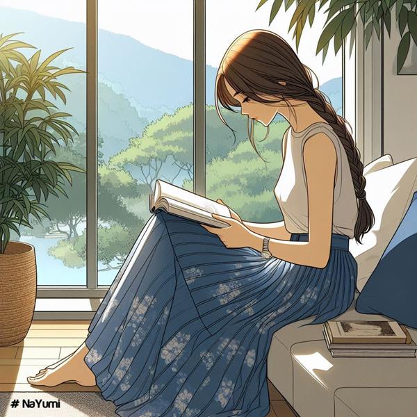 Tranh vẽ cô gái ngồi bên cửa sổ tóc dài